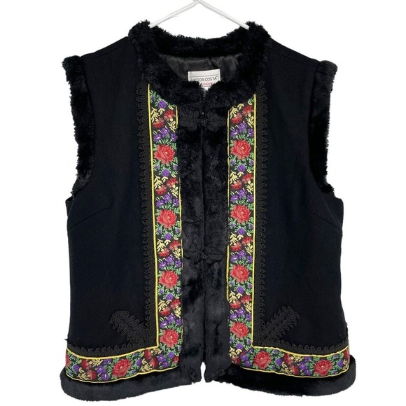 Victor Costa Occasion Black Vest Size Large Wool Faux Fur Soutache Trim Floral - Picture 2 of 11